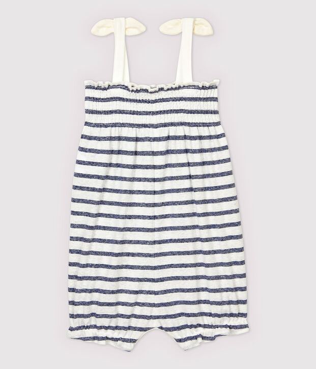 Mono corto de algod&oacute;n/lino de rayas de beb&eacute; ni&ntilde;a blanco/azul