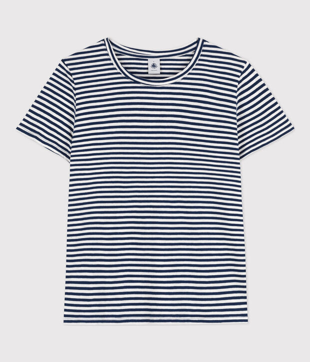 Camiseta LA RECTA de algod&oacute;n con cuello redondo para mujer azul/blanco