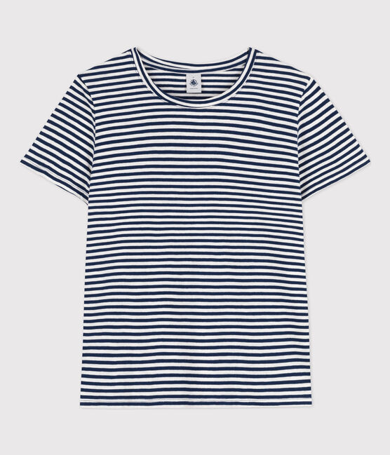 Camiseta LA RECTA de algodón con cuello redondo para mujer azul MEDIEVAL/blanco MARSHMALLOW
