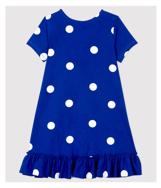 Vestido de manga corta de algodón y lino de niña azul SURF/blanco MARSHMALLOW