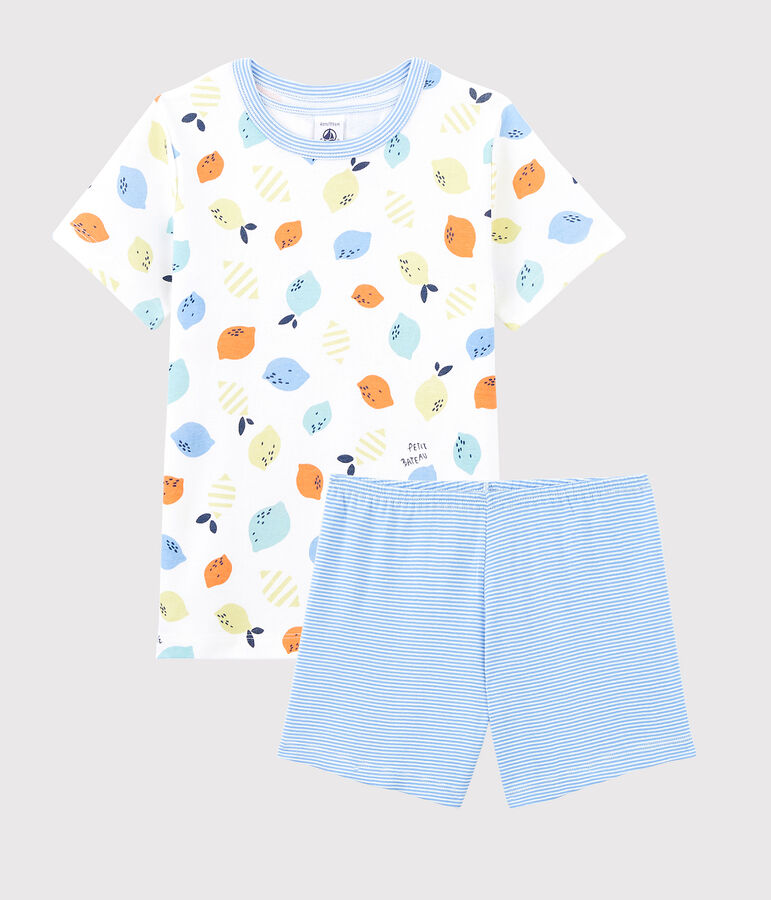 Pijama corto con estampado de limones de algod&oacute;n ecol&oacute;gico de ni&ntilde;o blanco MARSHMALLOW/blanco MULTICO