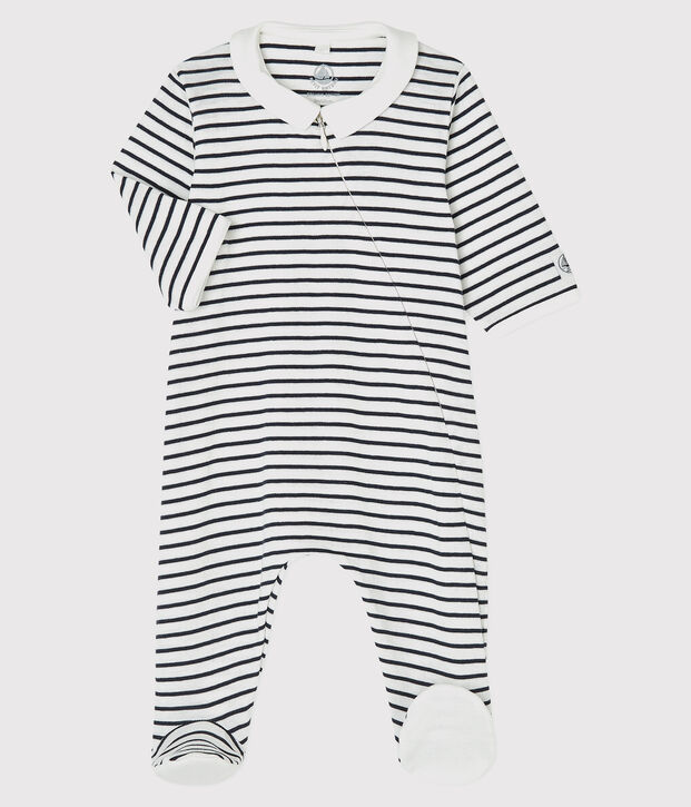 Pelele con cremallera de beb&eacute; de algod&oacute;n org&aacute;nico blanco/azul