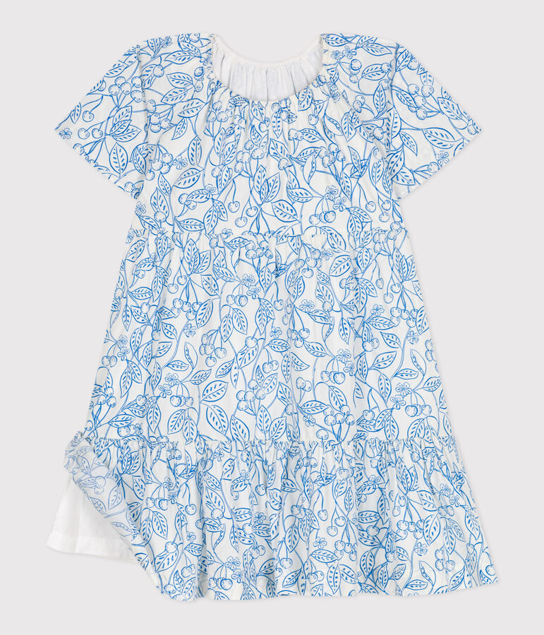 Vestido infantil de algod&oacute;n estampado de manga corta blanco/azul
