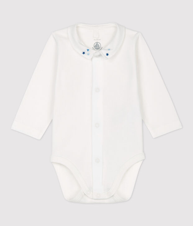 Bodi con cuello de beb&eacute; ni&ntilde;o de algod&oacute;n org&aacute;nico blanco