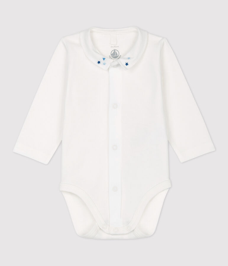 Bodi con cuello de beb&eacute; ni&ntilde;o de algod&oacute;n org&aacute;nico blanco