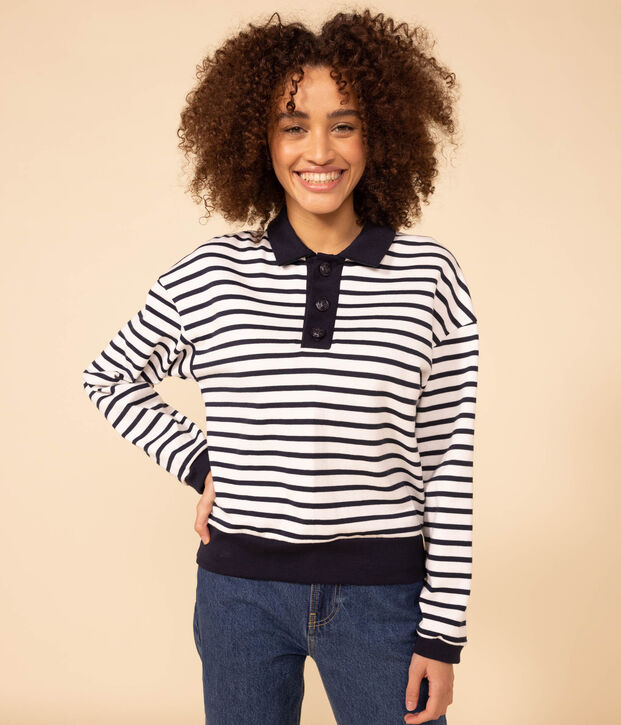 Marinera tipo polo de algod&oacute;n para mujer blanco/azul
