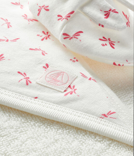 Estuche con toalla cuadrada de baño y patucos para bebé de rizo y punto. blanco MARSHMALLOW/rosa GROSEILLER
