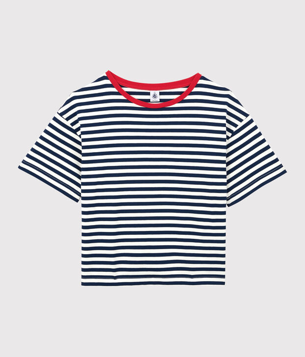 CAMISETA BOXY de algod&oacute;n de mujer azul/blanco