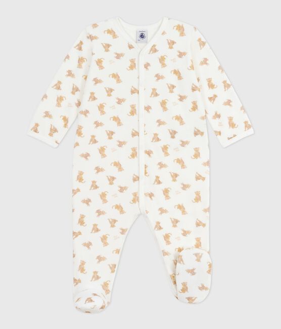 Pijama de terciopelo con estampado de leopardos para bebé blanco MARSHMALLOW/blanco MULTICO