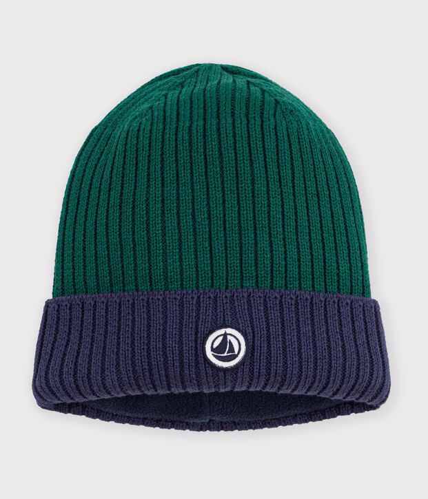 Gorro infantil de punto tricotado bicolor con forro polar verde/azul