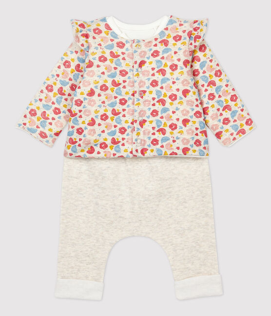 Conjunto de 3 prendas con estampado de flores de bebé niña de lana y algodón orgánico beige MONTELIMAR/blanco MULTICO