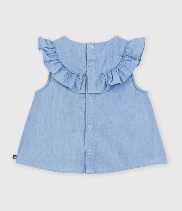 Blusa sin mangas de algod&oacute;n chambray bordado para beb&eacute; azul