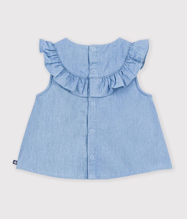 Blusa sin mangas de algod&oacute;n chambray bordado para beb&eacute; azul