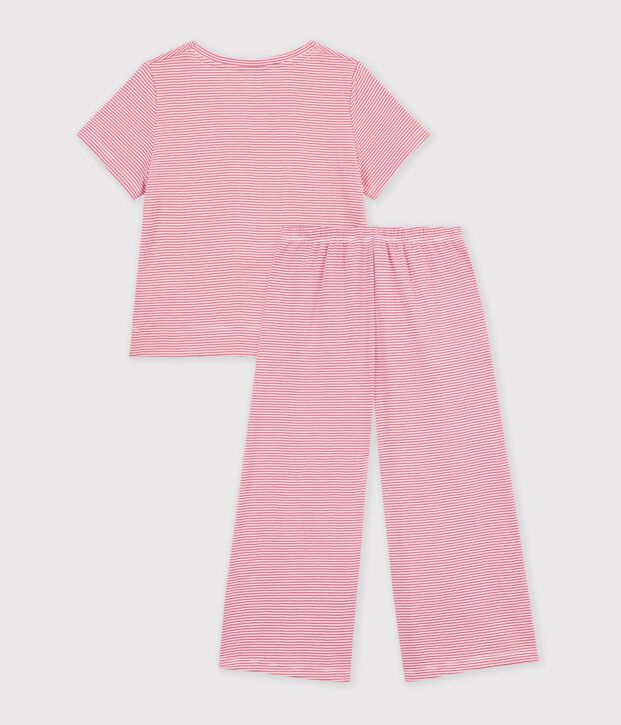 Pijama infantil de algod&oacute;n con pernera ancha y rayas rosa/blanco