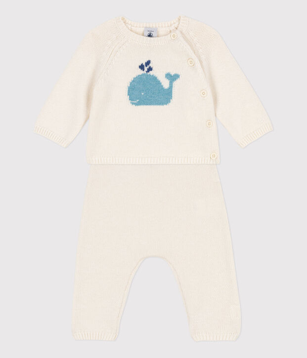 Conjunto de punto tricotado de lana y algod&oacute;n para beb&eacute; blanco
