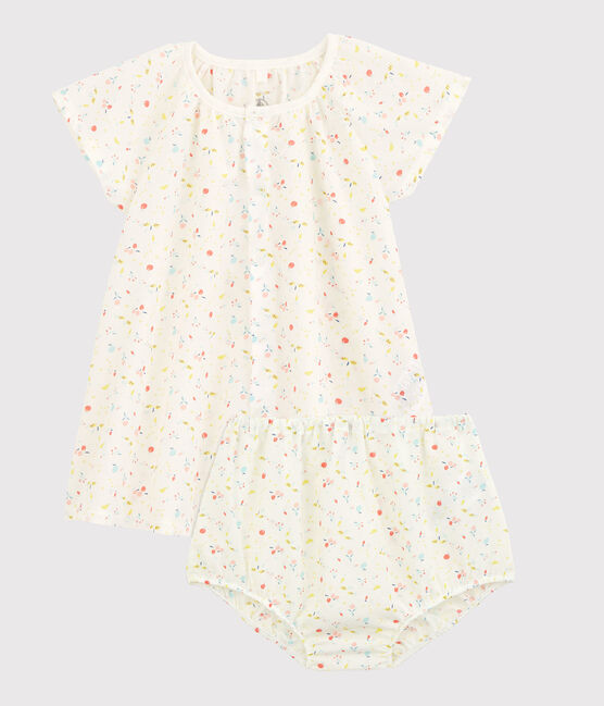Vestido de manga corta de frutas con braguitas bloomer de tejido tubular de urdimbre y trama de algodón ecológico de bebé niña blanco MARSHMALLOW/blanco MULTICO