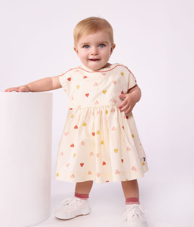 Vestido de algod&oacute;n de manga corta con estampado de corazones para beb&eacute; crudo/multicolor