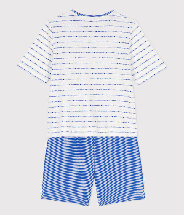 Pijama corto de algod&oacute;n para mujer blanco/azul