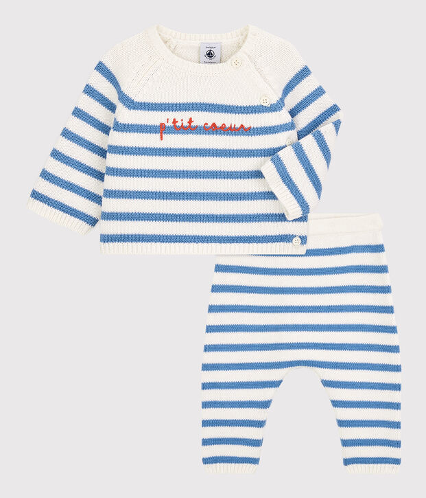 Conjunto de 2 prendas marineras de beb&eacute; de tejido de punto de lana y algod&oacute;n blanco/azul