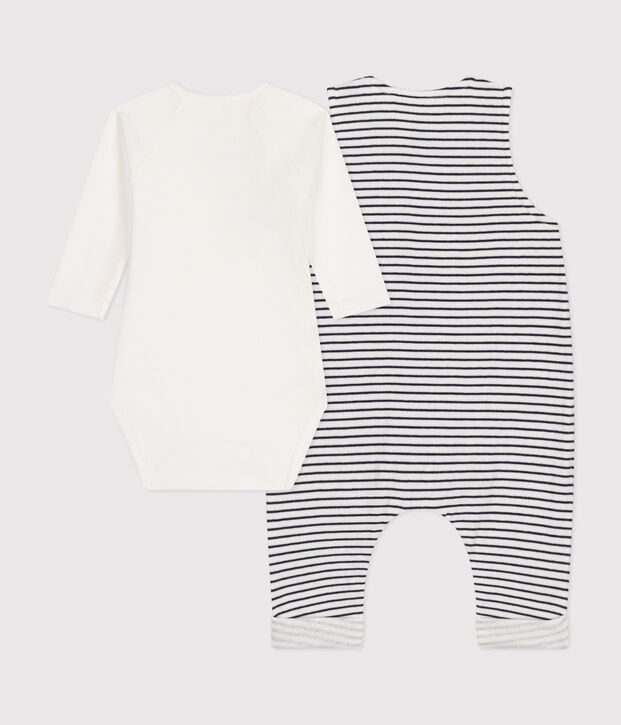 Conjunto de mono y body de algod&oacute;n de beb&eacute; blanco/azul