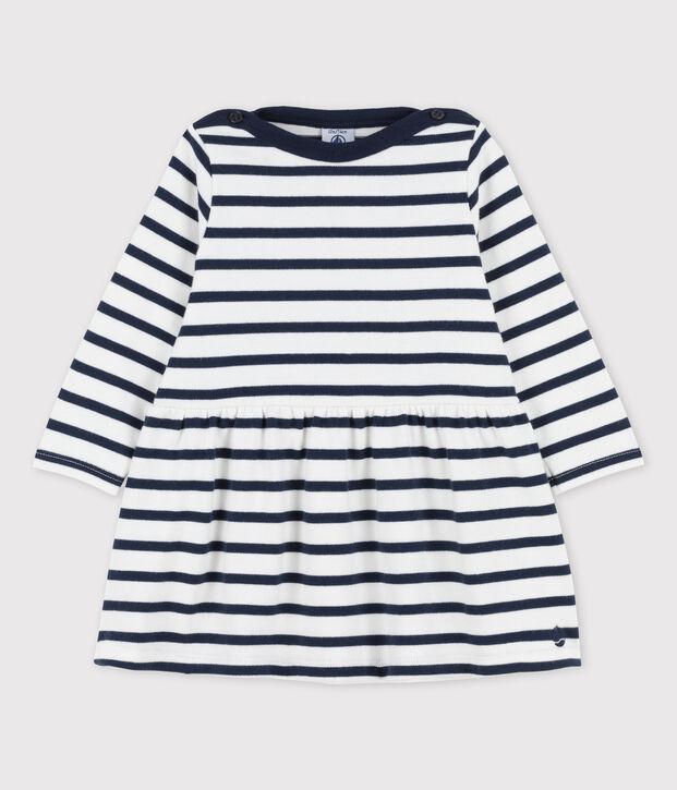 Vestido ic&oacute;nico de manga larga de jersey grueso ecol&oacute;gico de beb&eacute; blanco/azul