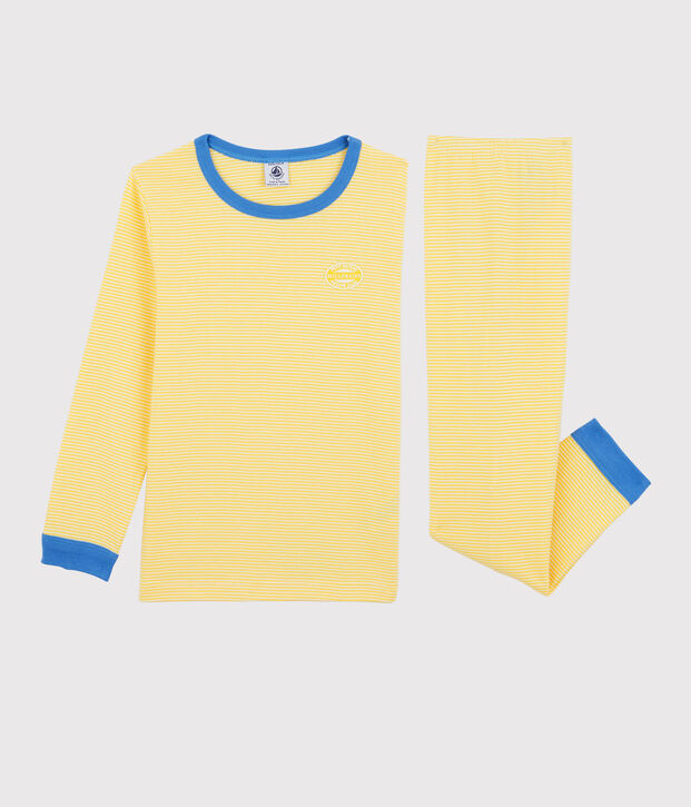 Pijama milrayas de algod&oacute;n org&aacute;nico infantil unisex amarillo/blanco