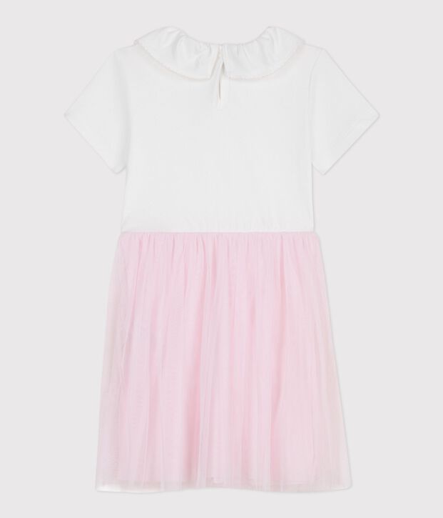 Vestido infantil de algod&oacute;n y tul de manga corta con estampado de corazones rosa/rosa