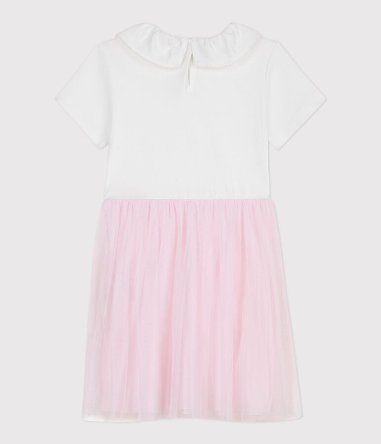 Vestido infantil de algod&oacute;n y tul de manga corta con estampado de corazones rosa/rosa