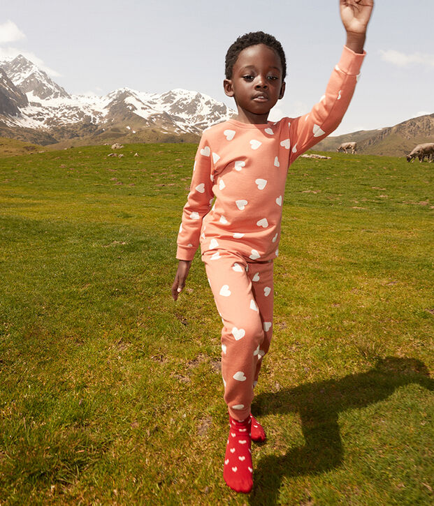 Pijama snugfit de algod&oacute;n con coraz&oacute;n para ni&ntilde;a rosa/blanco