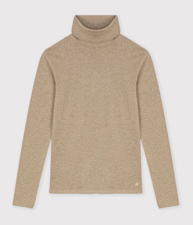 Camiseta lisa de cuello alto de algod&oacute;n para mujer beige