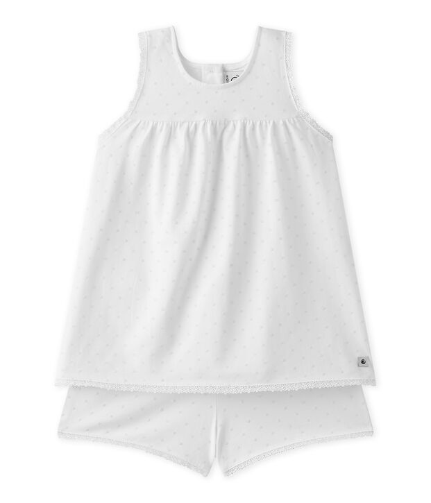 Pijama corto para ni&ntilde;a con lunares y acabados en encaje blanco