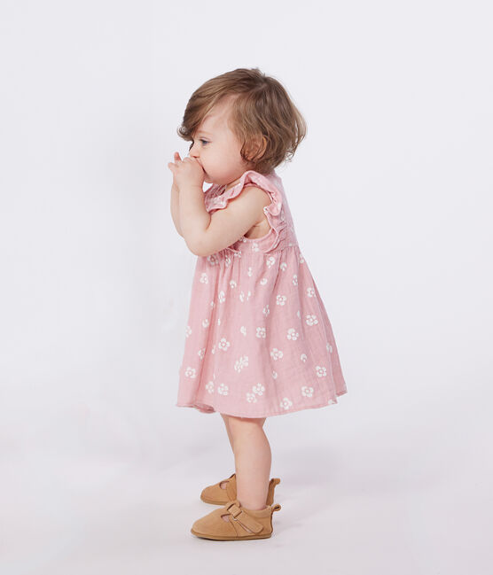 Vestido de gasa de algodón y pololo con estampado de flores para bebé rosa CHARME/blanco MARSHMALLOW