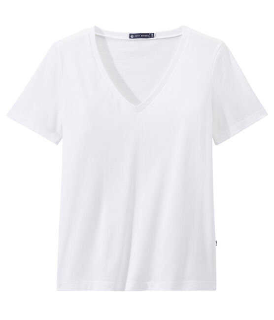 Camiseta en jersey ligero con cuello en pico para mujer blanco ECUME