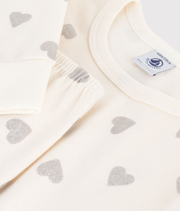 Pijama infantil de algod&oacute;n con estampado de corazones plateados crudo/gris