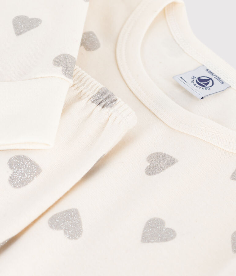 Pijama infantil de algod&oacute;n con estampado de corazones plateados crudo/gris
