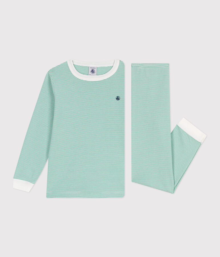 Pijama infantil de algod&oacute;n a rayas verde/blanco