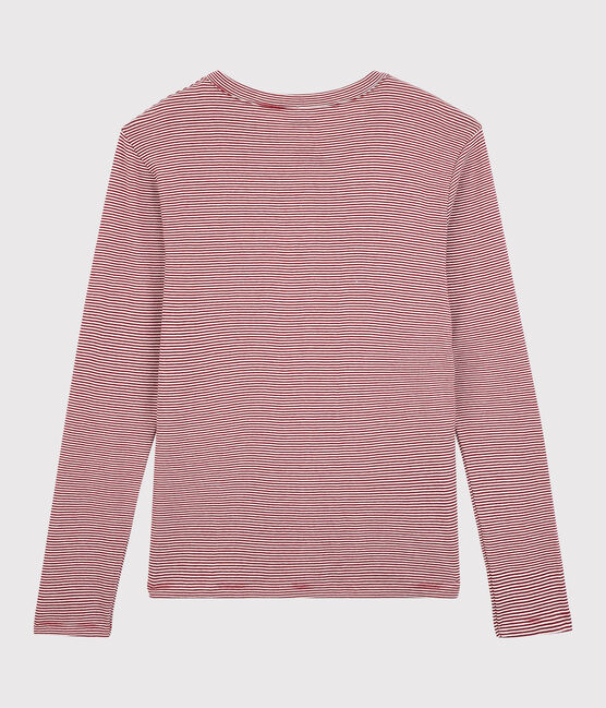 Camiseta de cuello redondo emblemática de algodón a rayas de mujer rojo SANGRIA/ MARSHMALLOW