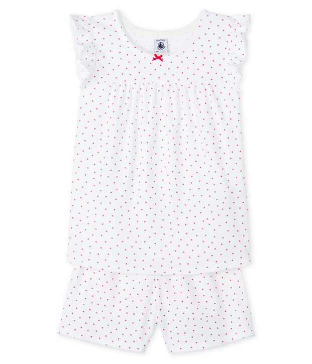 Pijama corto coraz&oacute;n rosa para ni&ntilde;a de canal&eacute; blanco/rosa