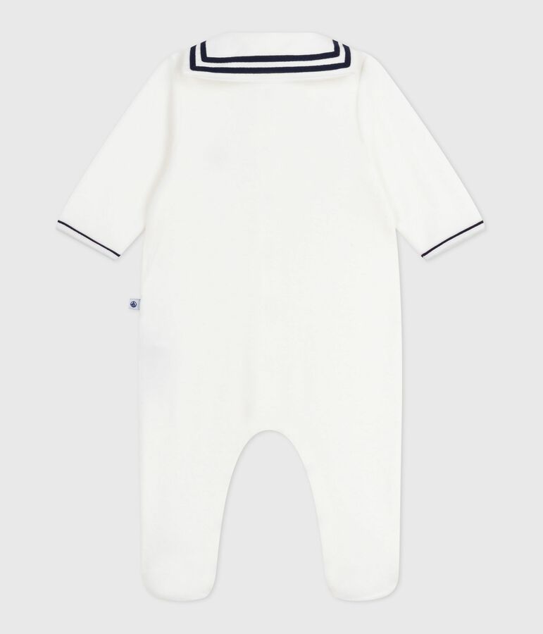 Pijama de terciopelo con cuello de uniforme para beb&eacute; blanco