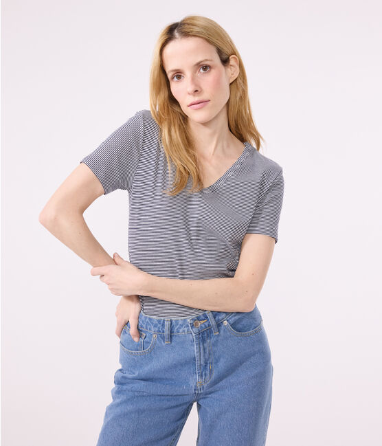 Camiseta La Icónica de algodón a rayas con cuello de pico para mujer azul SMOKING/blanco MARSHMALLOW