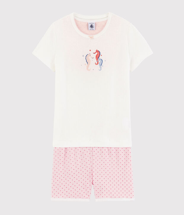 Pijama corto de caballitos de mar de algod&oacute;n de ni&ntilde;a blanco/rosa