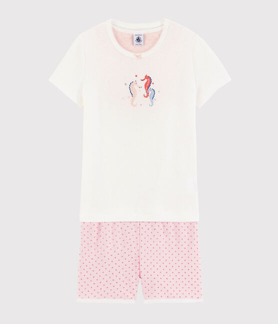 Pijama corto de caballitos de mar de algodón de niña blanco MARSHMALLOW/rosa GRETEL