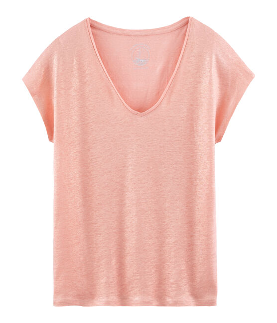 Camiseta manga corta lisa de lino irisada para mujer rosa ROSAKO/rosa COPPER