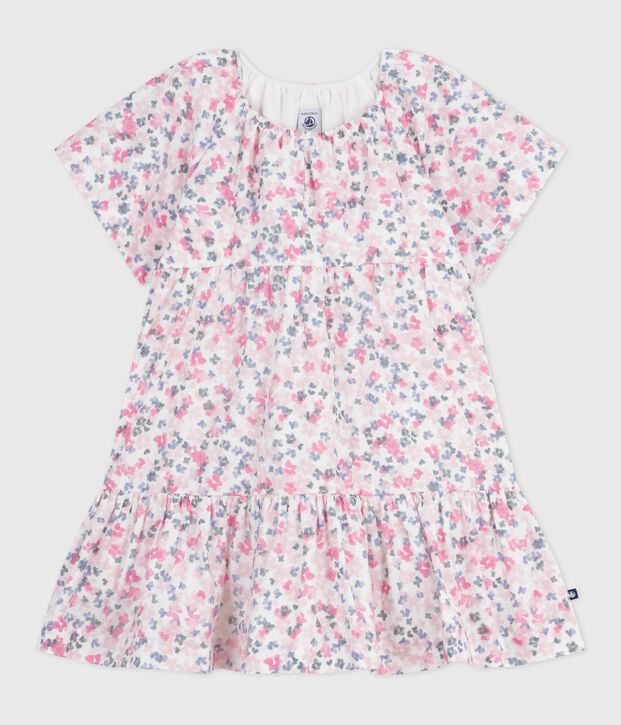 Vestido infantil de algod&oacute;n estampado de manga corta blanco/multicolor
